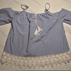 Elegant Blue Striped Off-Shoulder Blouse with Lace Detail